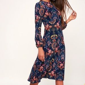 Garden Splendor Navy Blue Floral Print Dress, XS